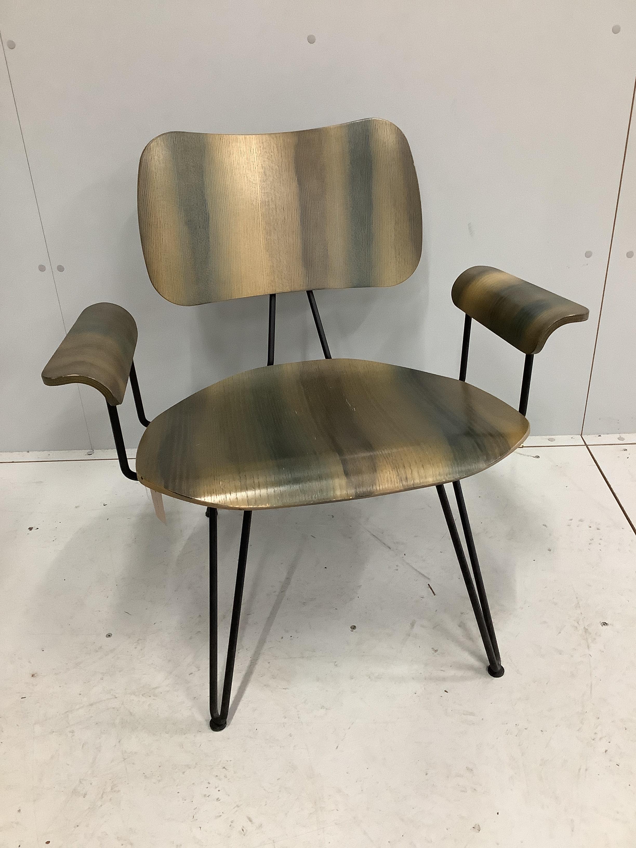 Moroso for Diesel, an Italian mid century style stained wood and wrought iron elbow chair, width 78cm, depth 54cm, height 80cm